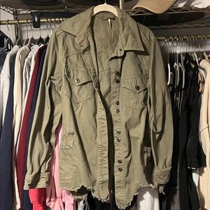 Free People Distressed Olive Green Button-Up Jacket